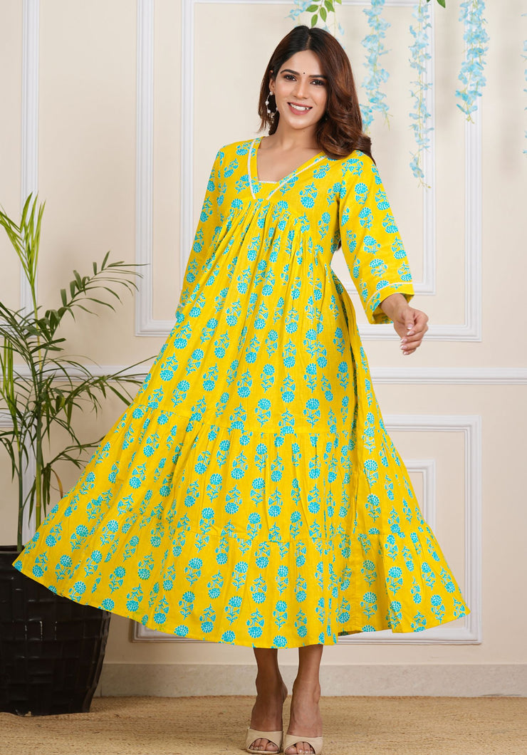 Tulsilicious Blazing Yellow Cotton Tier Maxi Dress