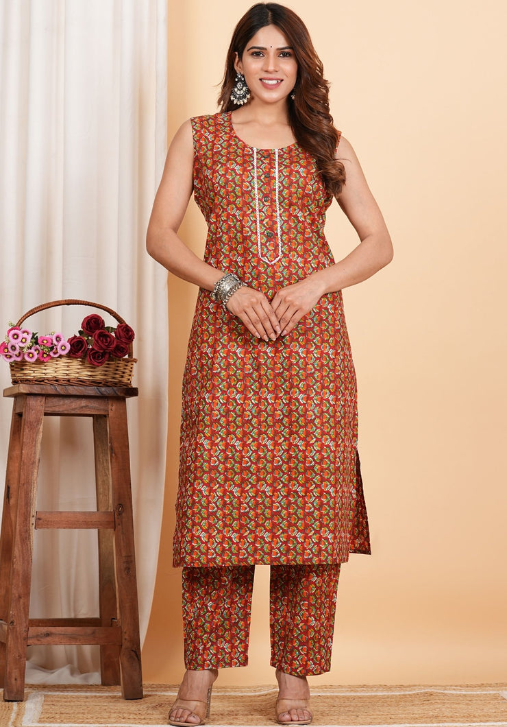 Tulsilicious Red Floral Cotton Kurta & Pants Set