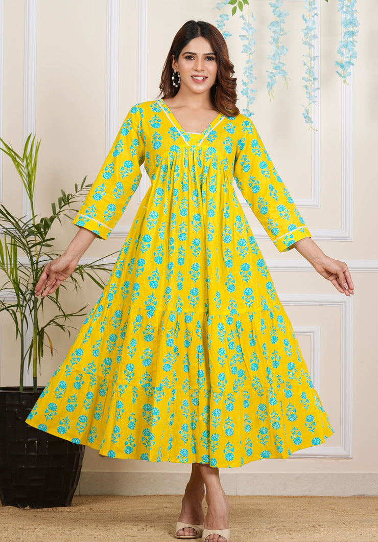 Tulsilicious Blazing Yellow Cotton Tier Maxi Dress