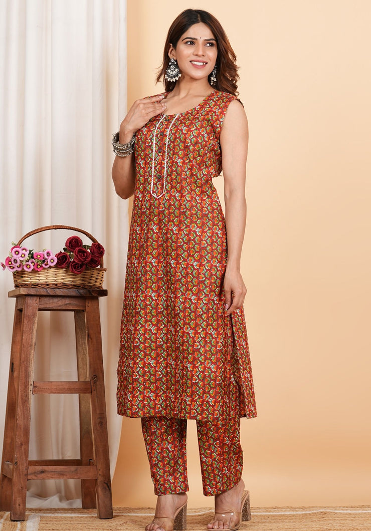 Tulsilicious Red Floral Cotton Kurta & Pants Set