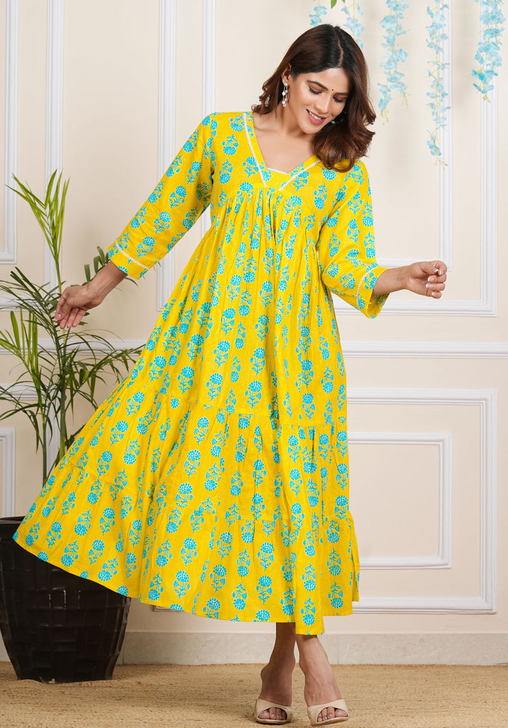 Tulsilicious Blazing Yellow Cotton Tier Maxi Dress