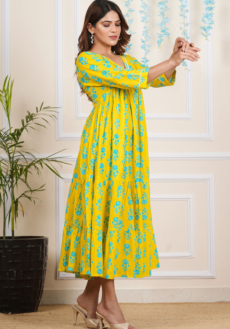 Tulsilicious Blazing Yellow Cotton Tier Maxi Dress