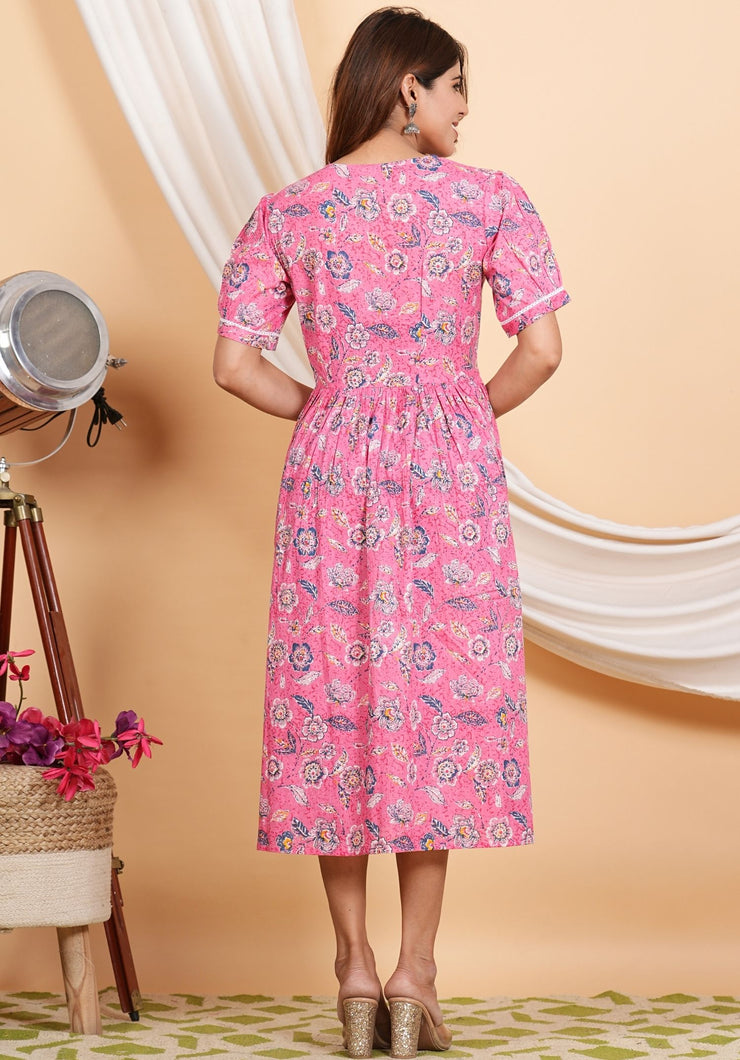 Tulsilicious Radiant Pink Flower Cotton Dress