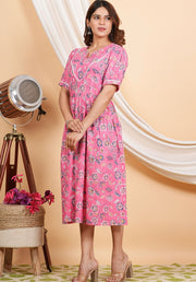 Tulsilicious Radiant Pink Flower Cotton Dress