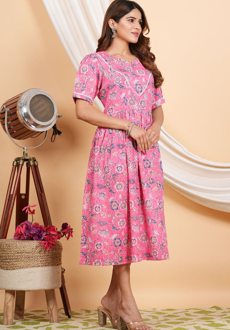 Tulsilicious Radiant Pink Flower Cotton Dress