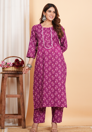 Tulsilicious Lilac Cotton Printed Kurta & Pants Set