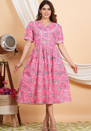 Tulsilicious Radiant Pink Flower Cotton Dress