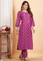 Tulsilicious Lilac Cotton Printed Kurta & Pants Set