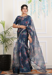 TULSILICIOUS GREY ORGANZA DIGITALPRINTED SAREE