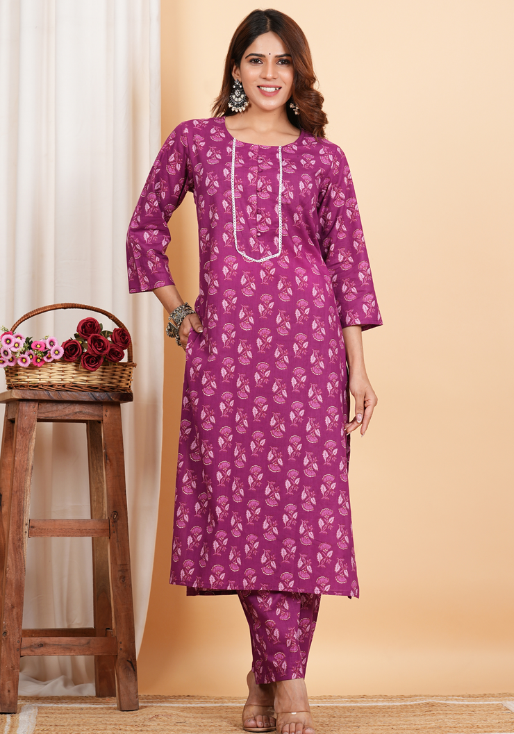 Tulsilicious Lilac Cotton Printed Kurta & Pants Set