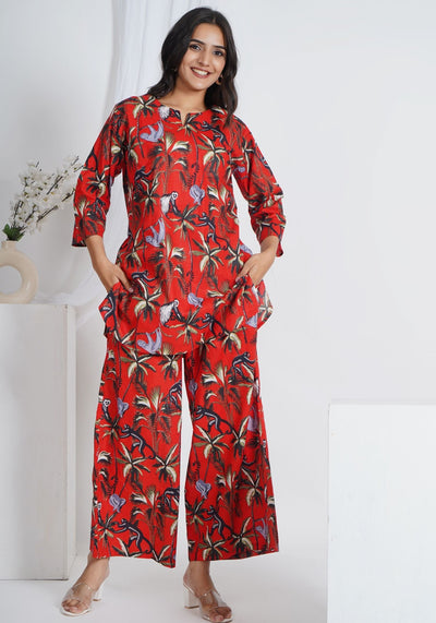 Tulsilicious Red Animal Print Cotton Co-ord Set