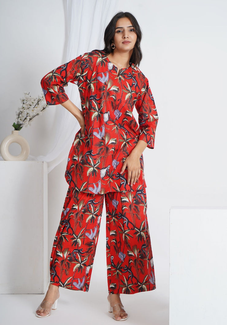 Tulsilicious Red Animal Print Cotton Co-ord Set