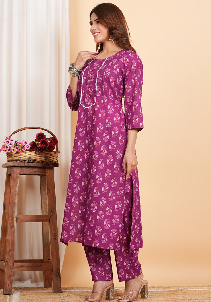 Tulsilicious Lilac Cotton Printed Kurta & Pants Set