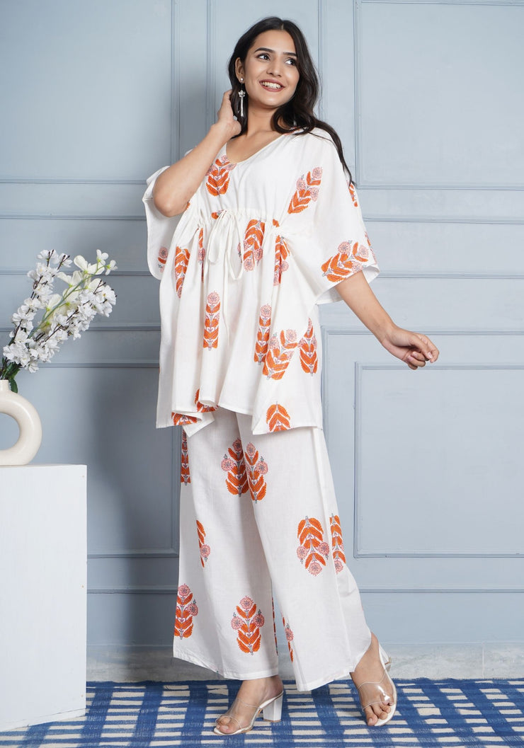 Tulsilicious White Boota Cotton Kaftan Co-ord Set