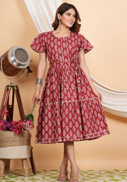 Tulsilicious Maroon Belt Cotton Tier Dress