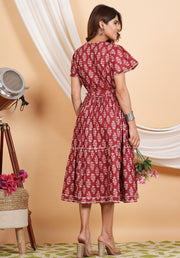 Tulsilicious Maroon Belt Cotton Tier Dress