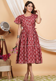 Tulsilicious Maroon Belt Cotton Tier Dress