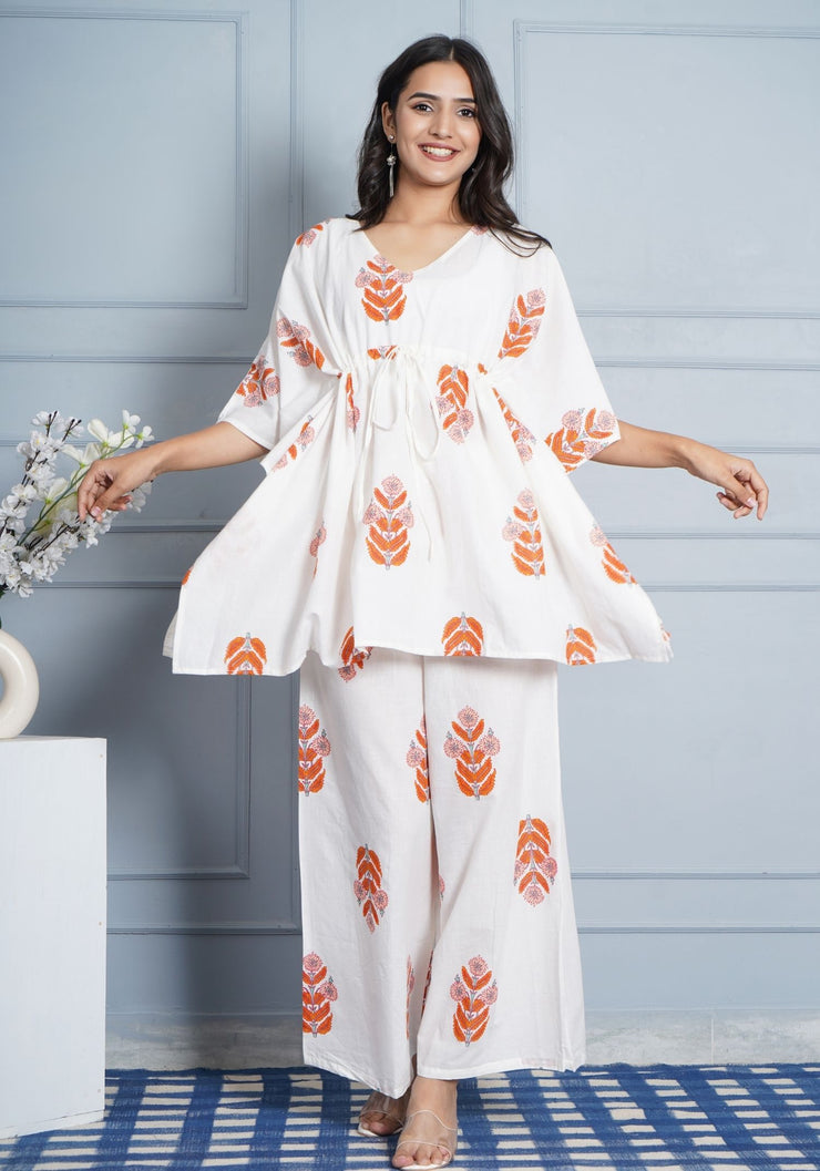 Tulsilicious White Boota Cotton Kaftan Co-ord Set