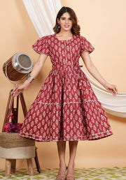 Tulsilicious Maroon Belt Cotton Tier Dress