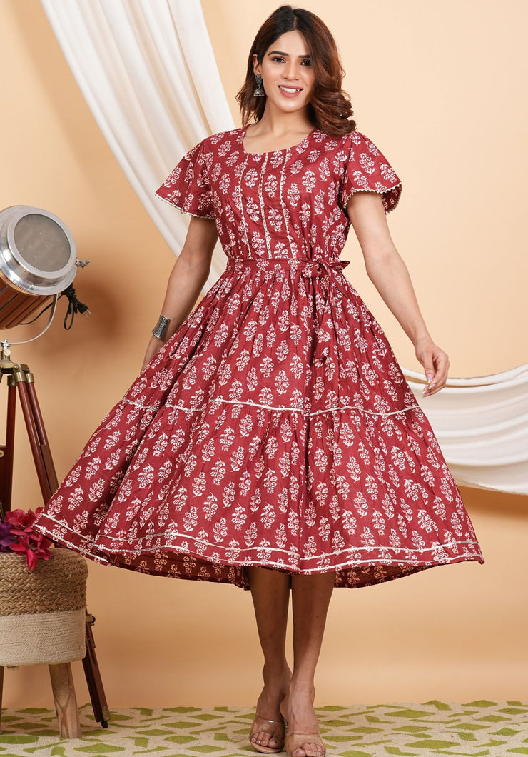 Tulsilicious Maroon Belt Cotton Tier Dress