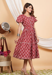 Tulsilicious Maroon Belt Cotton Tier Dress