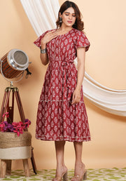 Tulsilicious Maroon Belt Cotton Tier Dress