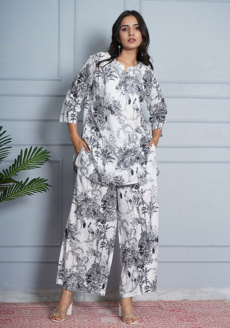 Tulsilicious White Tracing Forest Print Cotton Co-ord Set