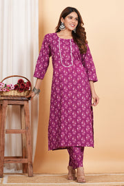 Tulsilicious Lilac Cotton Printed Kurta & Pants Set