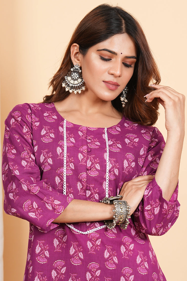 Tulsilicious Lilac Cotton Printed Kurta & Pants Set