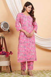 Tulsilicious Cotton Floral Dream Pink Kurta & Pants Set