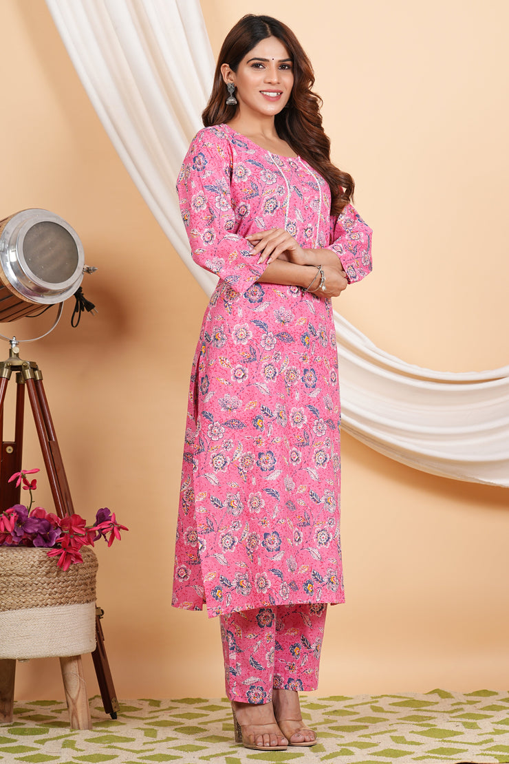 Tulsilicious Cotton Floral Dream Pink Kurta & Pants Set