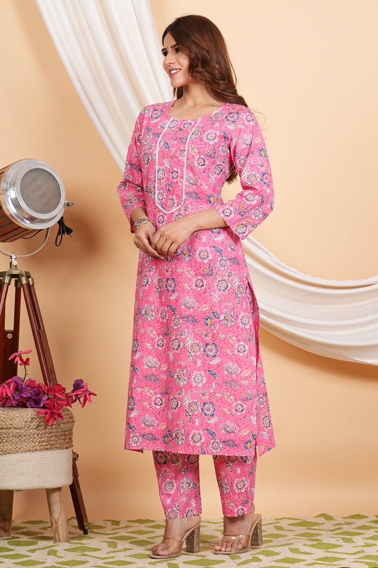 Tulsilicious Cotton Floral Dream Pink Kurta & Pants Set