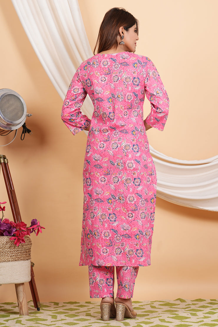 Tulsilicious Cotton Floral Dream Pink Kurta & Pants Set