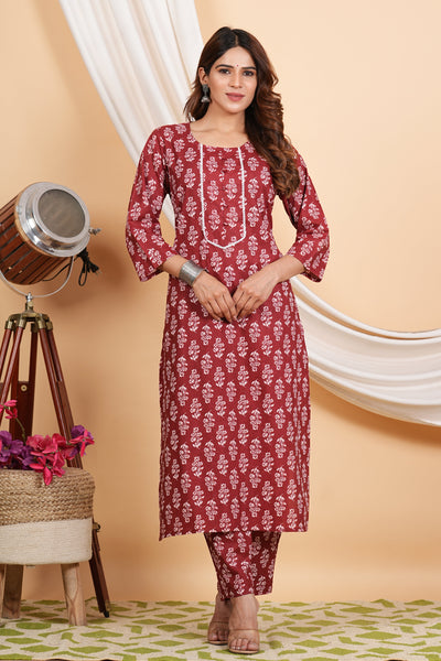 Tulsilicious Maroon Cotton Printed Kurta & Pants Set