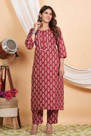 Tulsilicious Maroon Cotton Printed Kurta & Pants Set