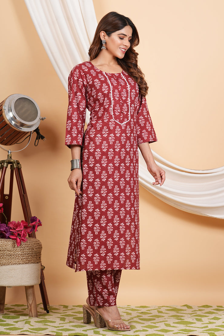 Tulsilicious Maroon Cotton Printed Kurta & Pants Set