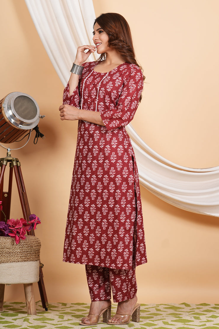 Tulsilicious Maroon Cotton Printed Kurta & Pants Set