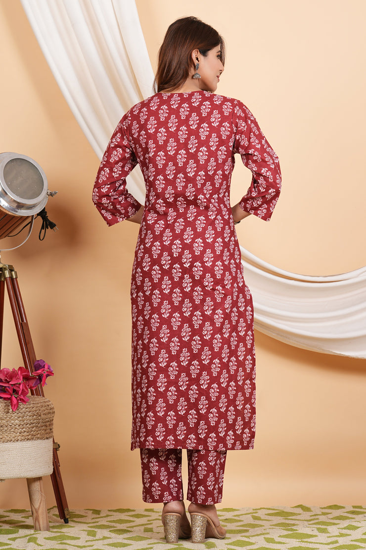 Tulsilicious Maroon Cotton Printed Kurta & Pants Set