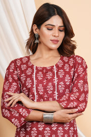 Tulsilicious Maroon Cotton Printed Kurta & Pants Set