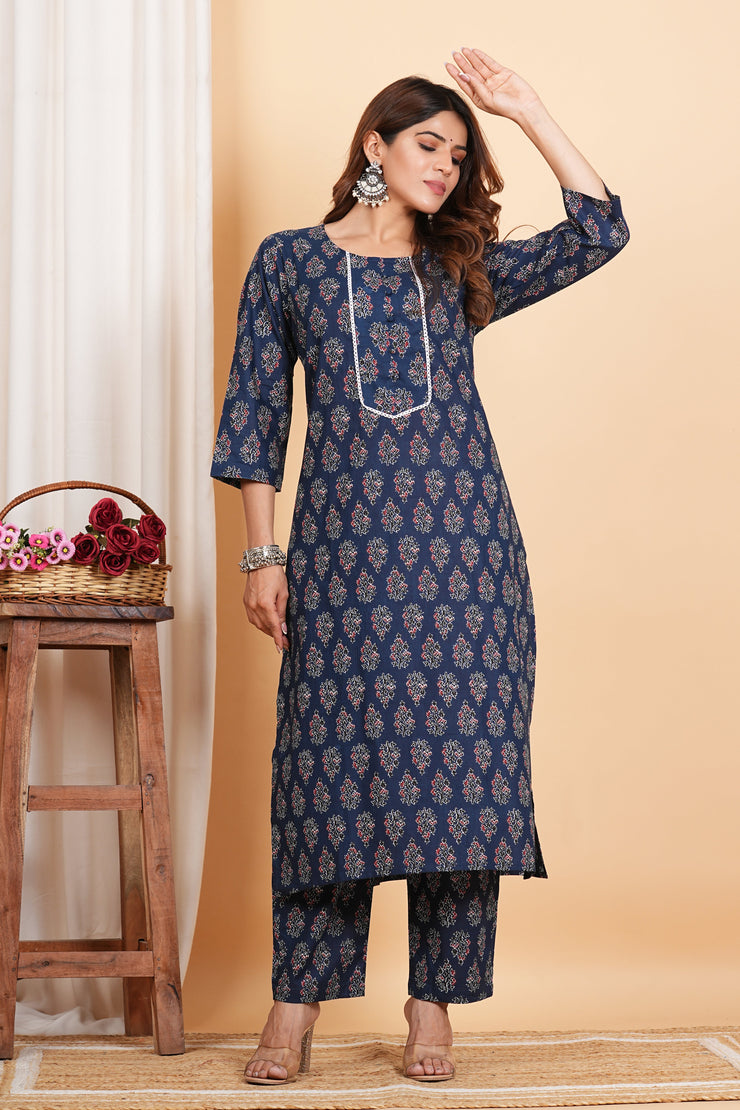 Tulsilicious Cotton Blue Booti Print Kurta & Pants Set