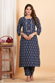 Tulsilicious Cotton Blue Booti Print Kurta & Pants Set