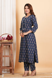 Tulsilicious Cotton Blue Booti Print Kurta & Pants Set