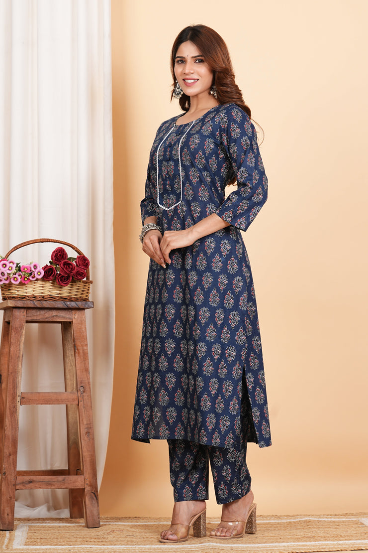 Tulsilicious Cotton Blue Booti Print Kurta & Pants Set