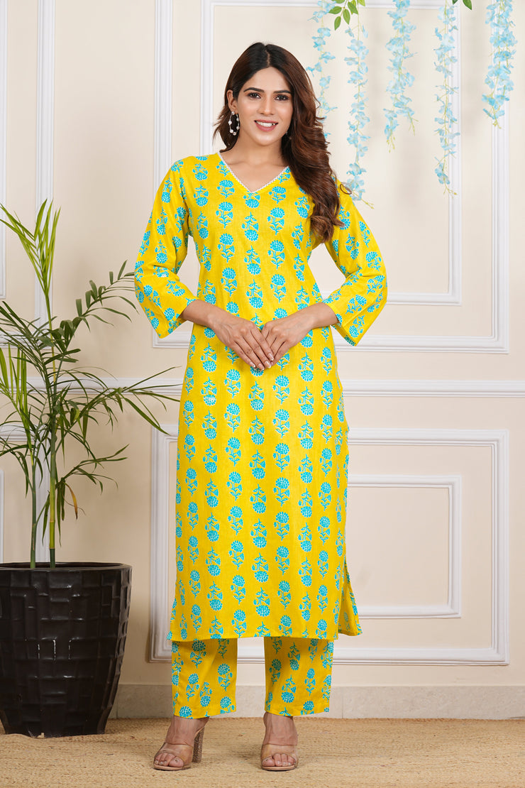 Tulsilicious Cotton Yellow Floral Aura Kurta & Pants Set