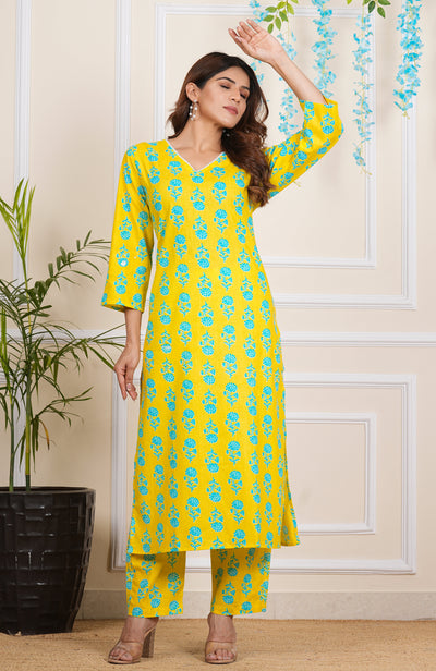 Tulsilicious Cotton Yellow Floral Aura Kurta & Pants Set