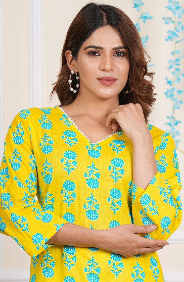 Tulsilicious Cotton Yellow Floral Aura Kurta & Pants Set