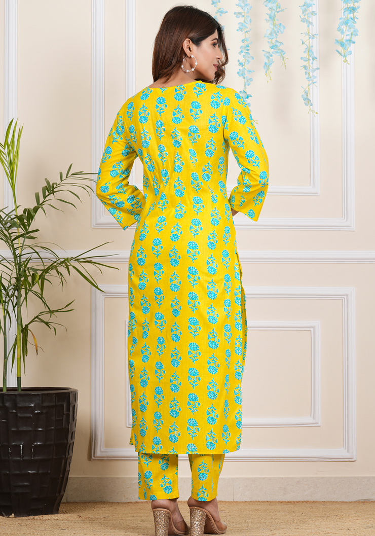 Tulsilicious Cotton Yellow Floral Aura Kurta & Pants Set