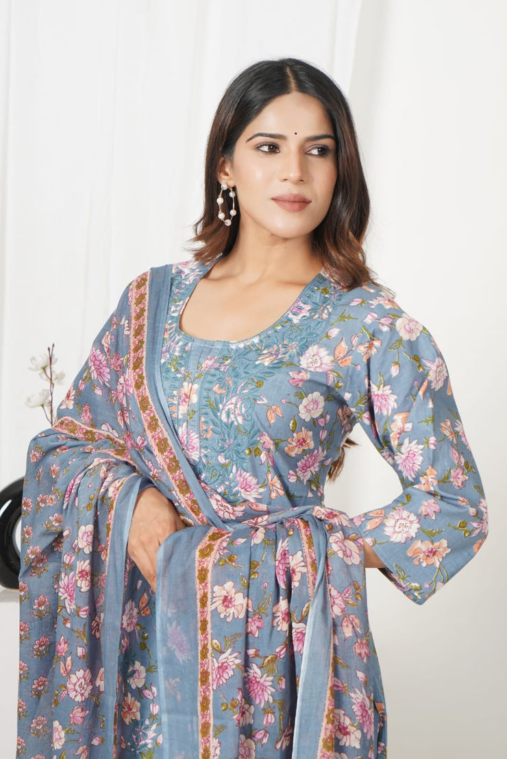 Tulsilicious Bluebell Cotton Chikankari Embroidered Suit Set