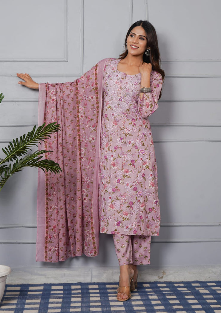Tulsilicious Petal Pink Pure Cotton Embroidered Suit Set