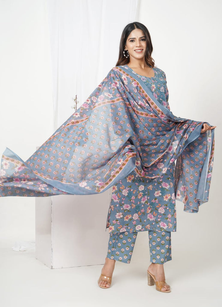 Tulsilicious Bluebell Cotton Chikankari Embroidered Suit Set
